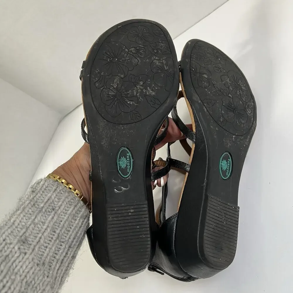 Montana Artisan Crafted Women Leather Gladiator Sandals Size 10 Black Flat